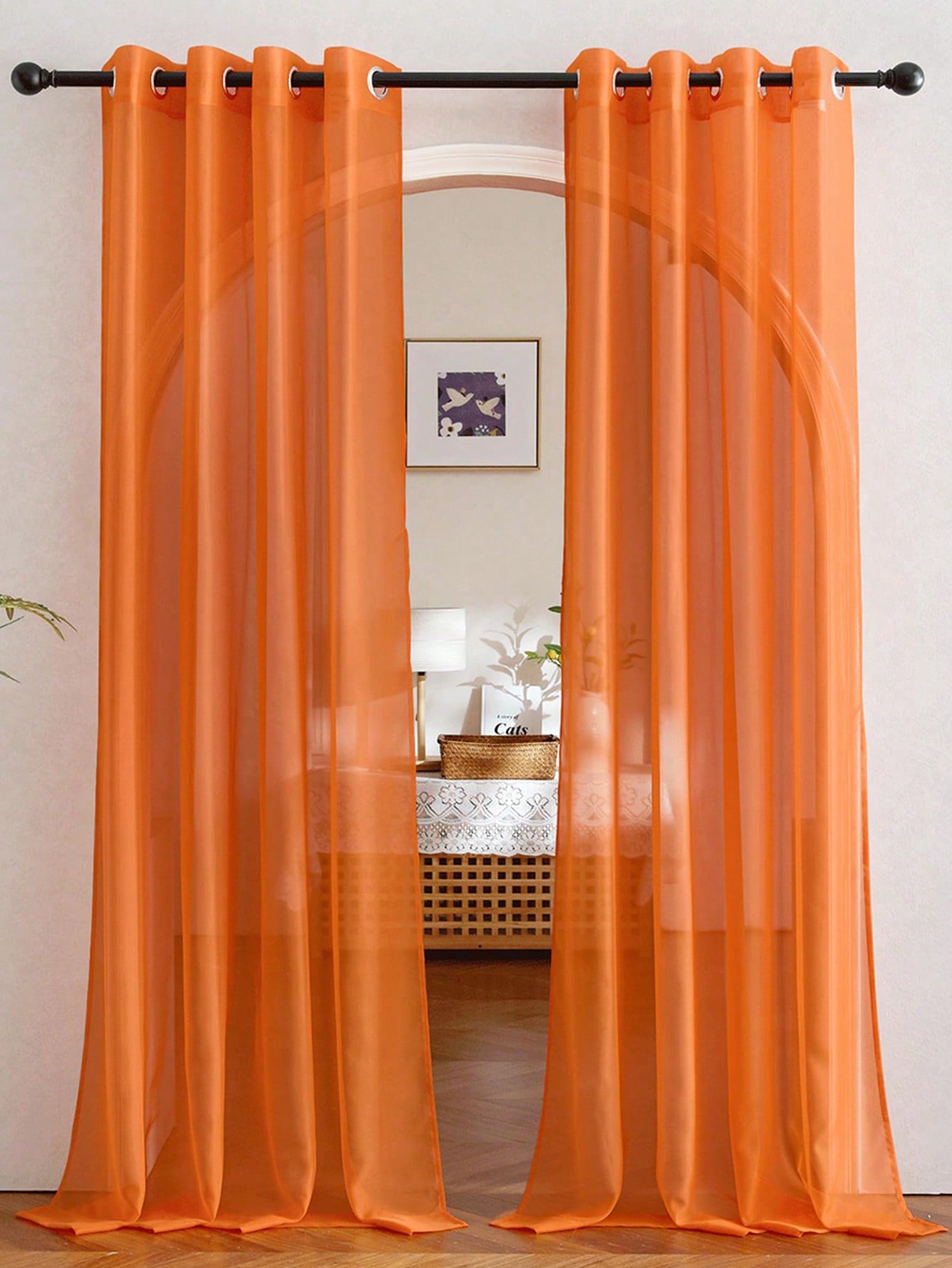 Curtain Rods - 1pc Elegant Transparent Orange Organza Half-Sheer